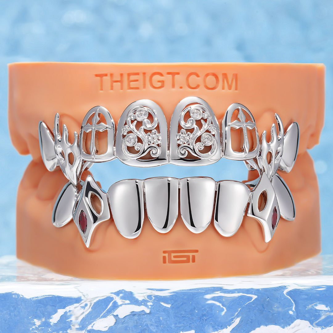 Gothic Cross Floral Filigree Red Gem Grillz