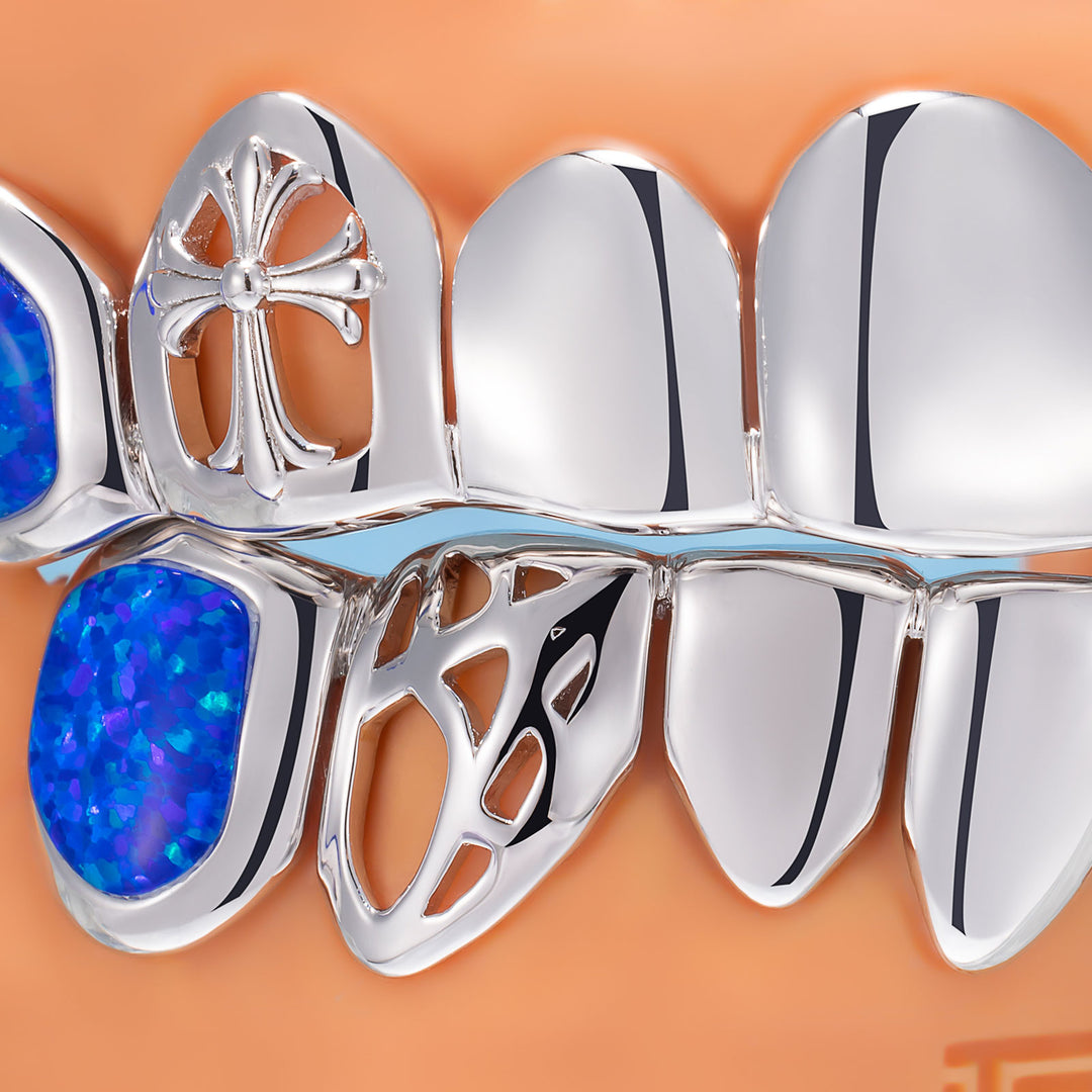 Gothic Cross Spiderweb Blue Opal Grillz