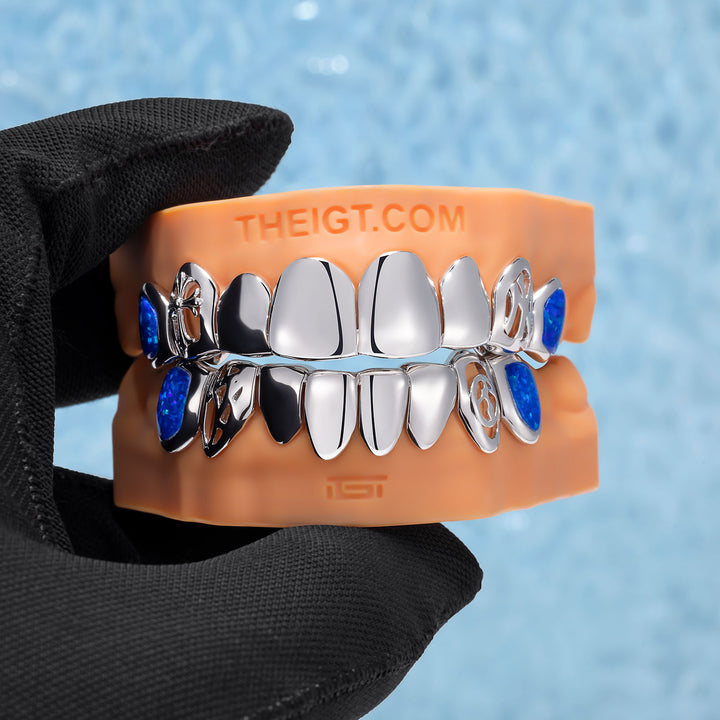 Gothic Cross Spiderweb Blue Opal Grillz
