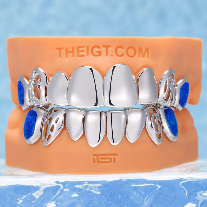 Gothic Cross Spiderweb Blue Opal Grillz