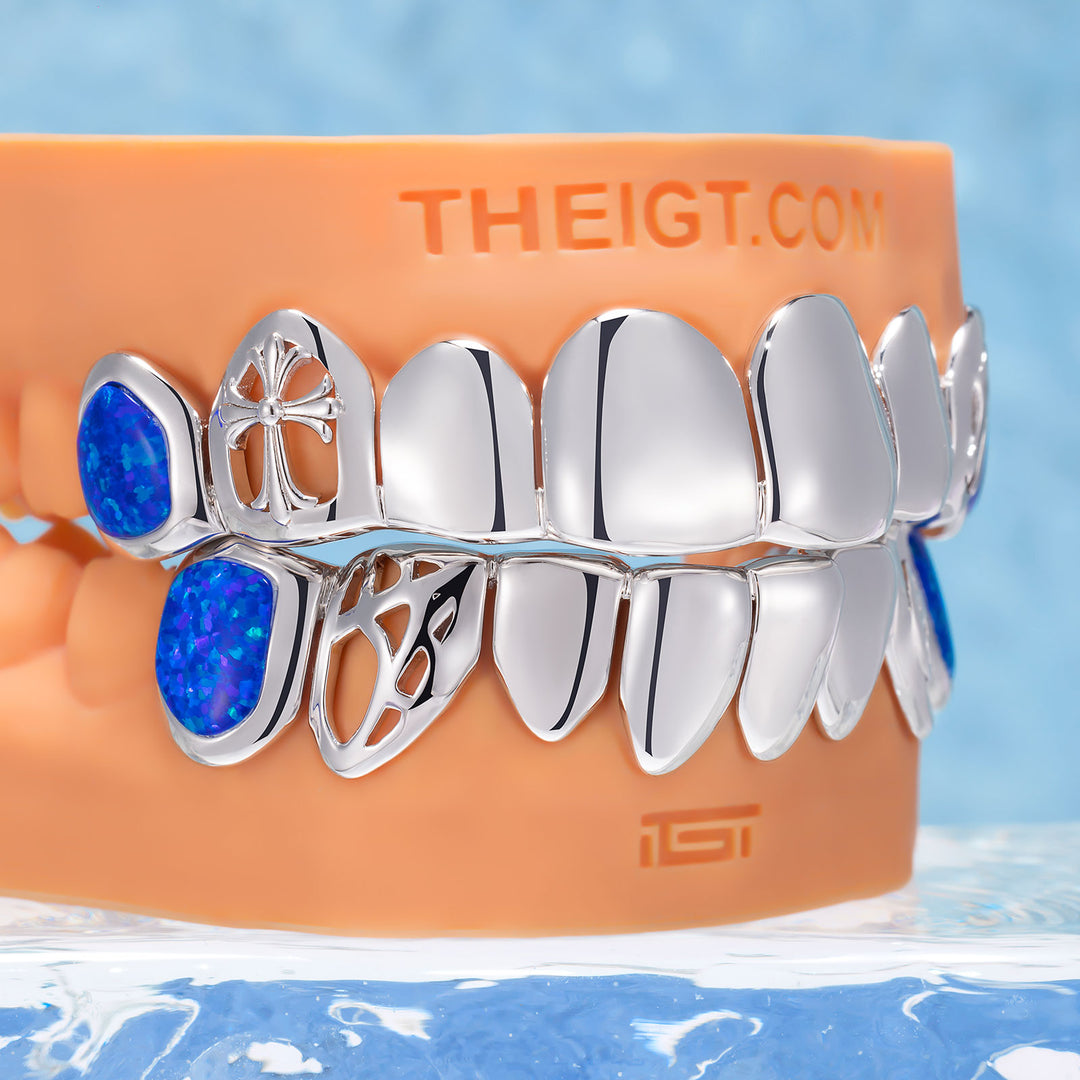 Gothic Cross Spiderweb Blue Opal Grillz