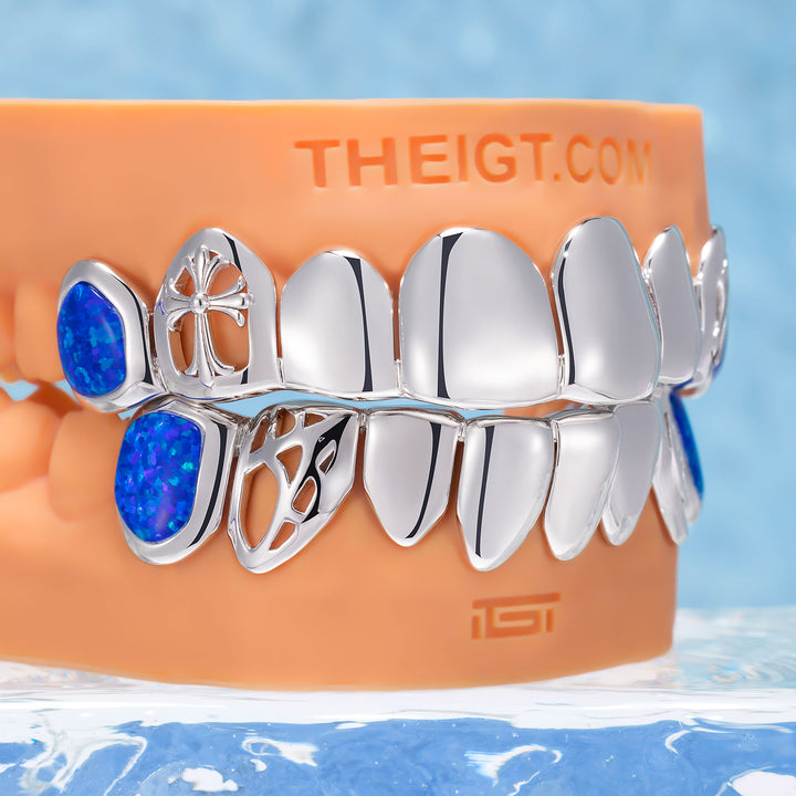 Gothic Cross Spiderweb Blue Opal Grillz