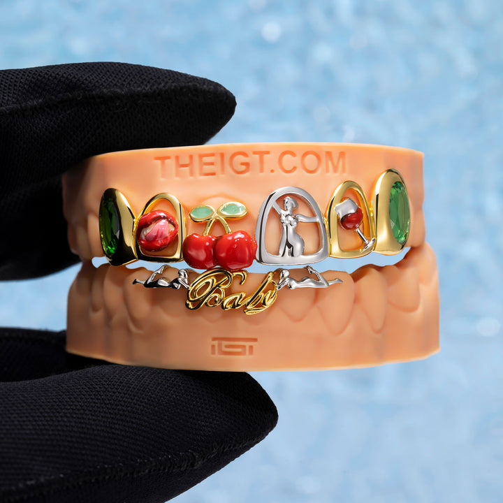 Green Gem Pop Art Cherry Script Enamel Grillz