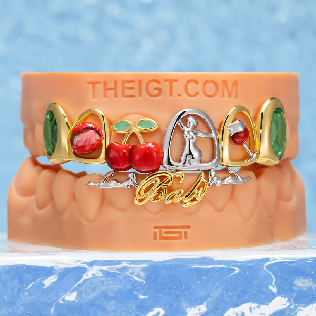 Green Gem Pop Art Cherry Script Enamel Grillz