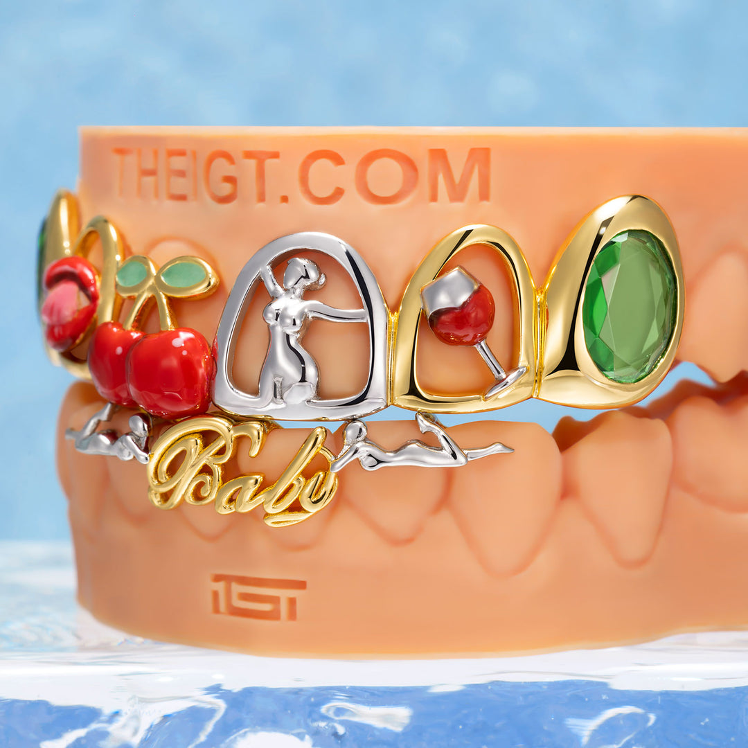 Green Gem Pop Art Cherry Script Enamel Grillz