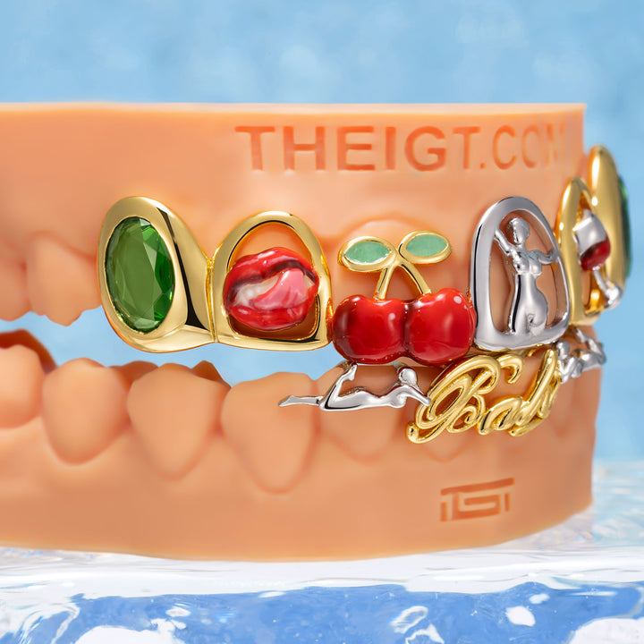 Green Gem Pop Art Cherry Script Enamel Grillz