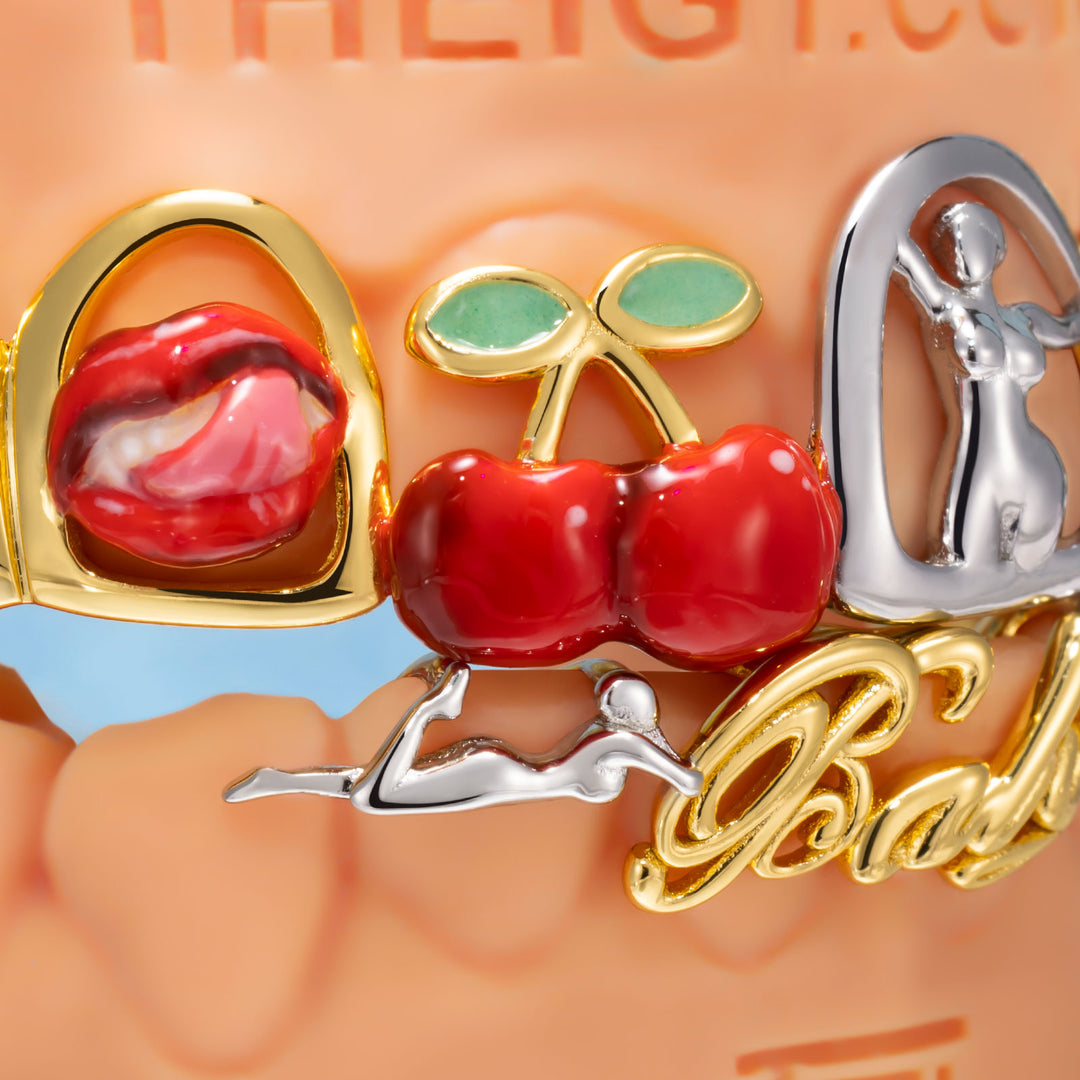 Green Gem Pop Art Cherry Script Enamel Grillz