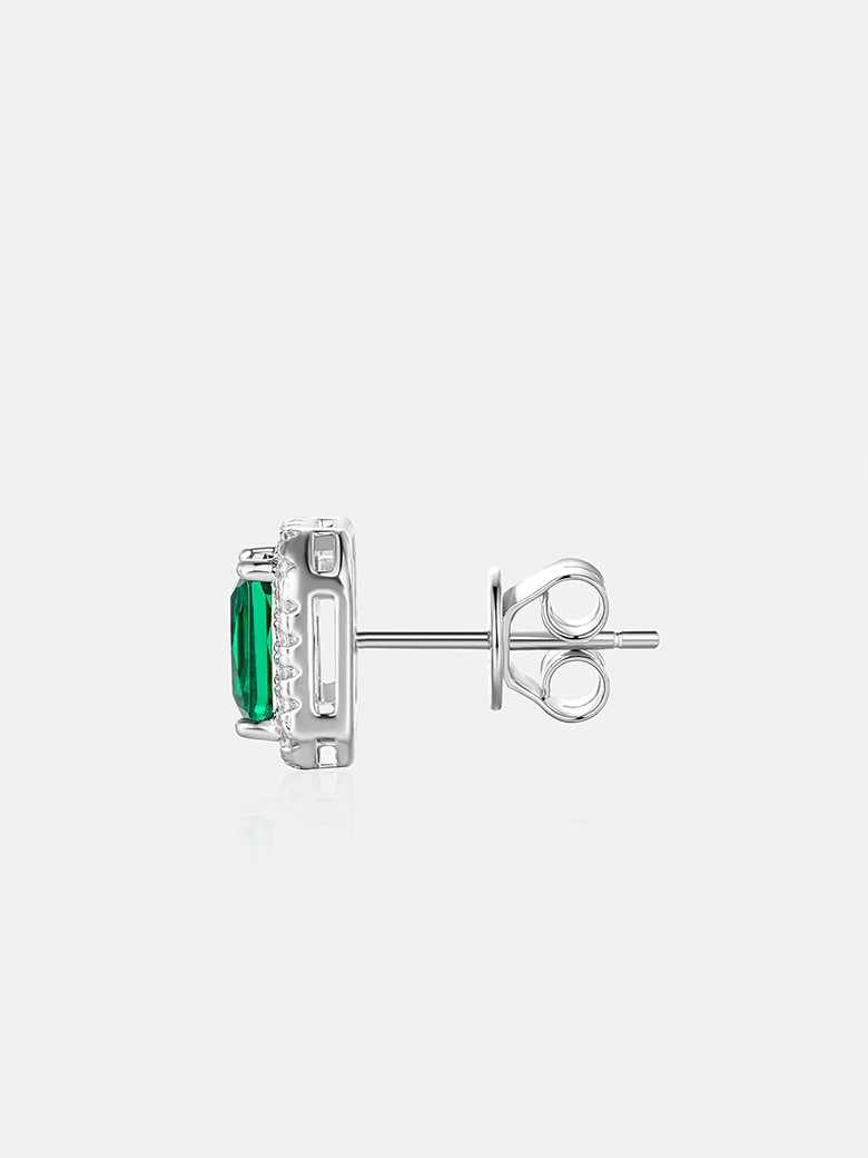 925 Sterling Silver Green Moissanite Emerald Cut Halo Stud Earrings