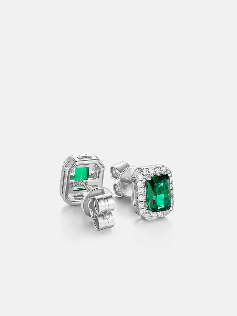 925 Sterling Silver Green Moissanite Emerald Cut Halo Stud Earrings