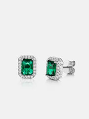 925 Sterling Silver Green Moissanite Emerald Cut Halo Stud Earrings