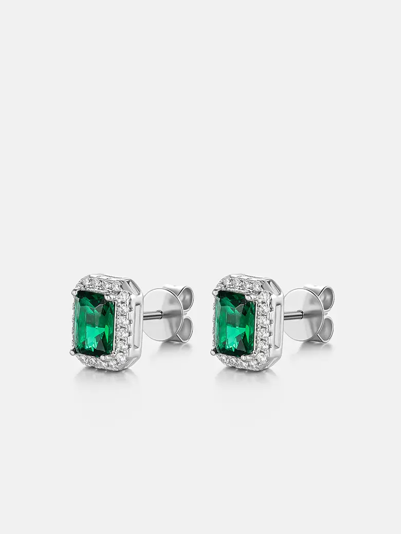 925 Sterling Silver Green Moissanite Emerald Cut Halo Stud Earrings