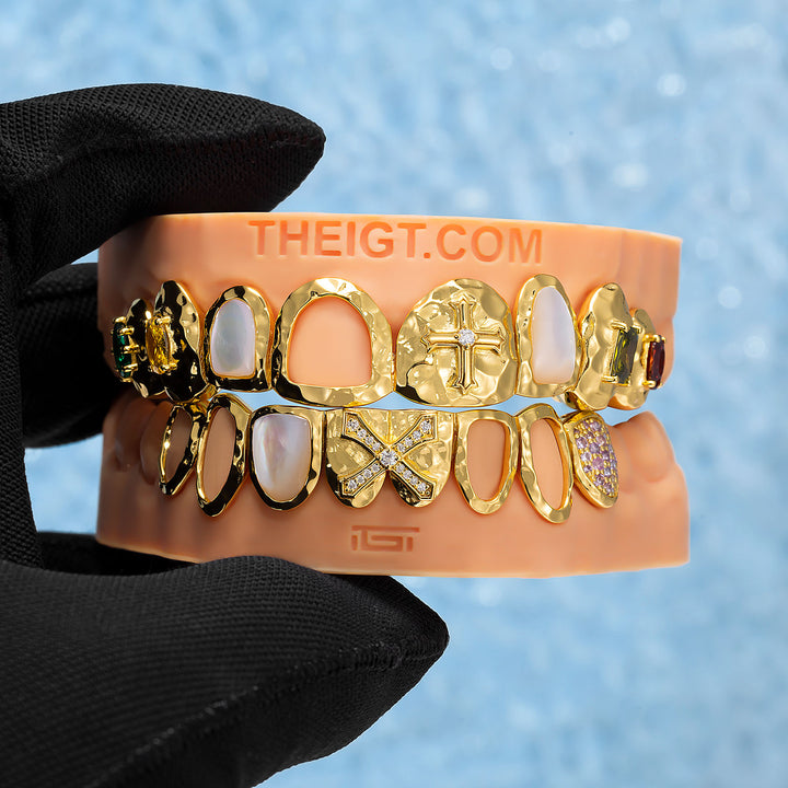 Hammered Cross Shell Mixed Gem Grillz