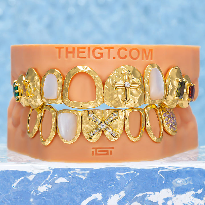 Hammered Cross Shell Mixed Gem Grillz