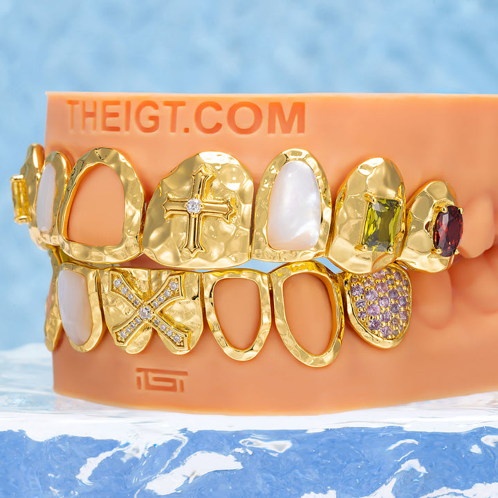 Hammered Cross Shell Mixed Gem Grillz