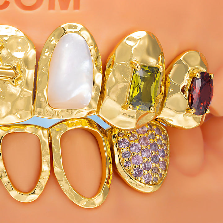 Hammered Cross Shell Mixed Gem Grillz