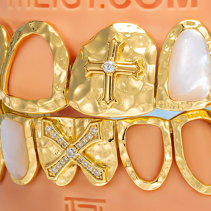 Hammered Cross Shell Mixed Gem Grillz