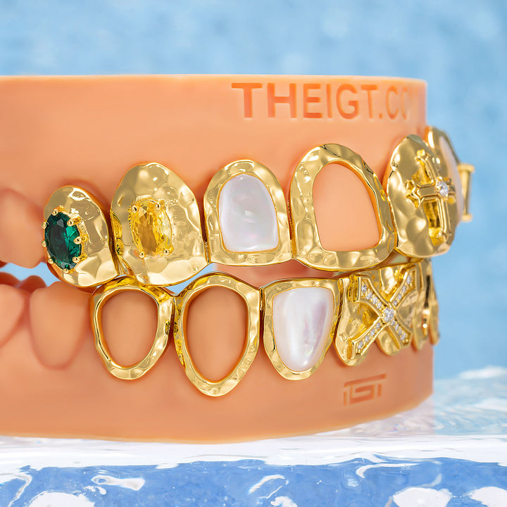 Hammered Cross Shell Mixed Gem Grillz