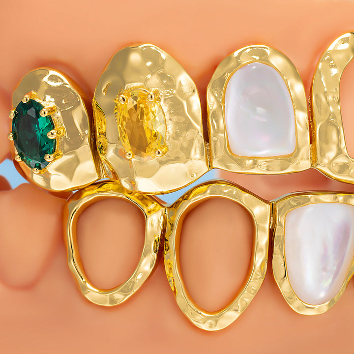 Hammered Cross Shell Mixed Gem Grillz