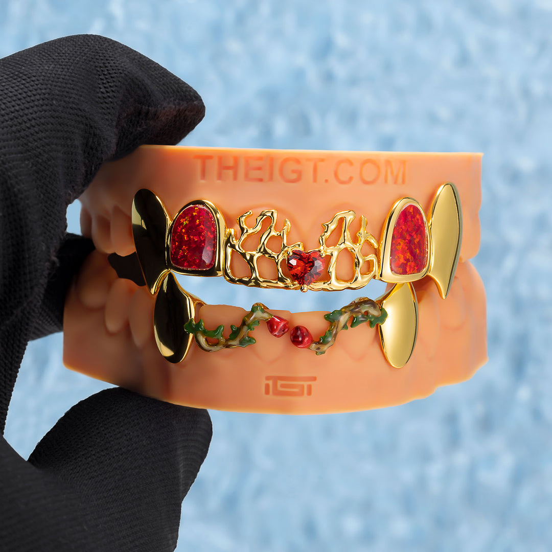 Heart Red Gem Opal Thorn Rose Fang Grillz
