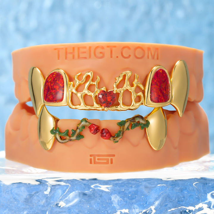 Heart Red Gem Opal Thorn Rose Fang Grillz