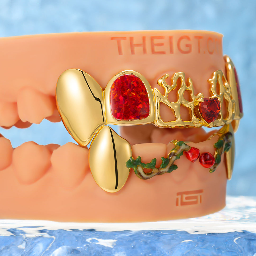 Heart Red Gem Opal Thorn Rose Fang Grillz