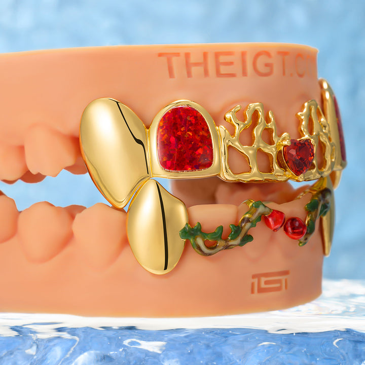 Heart Red Gem Opal Thorn Rose Fang Grillz