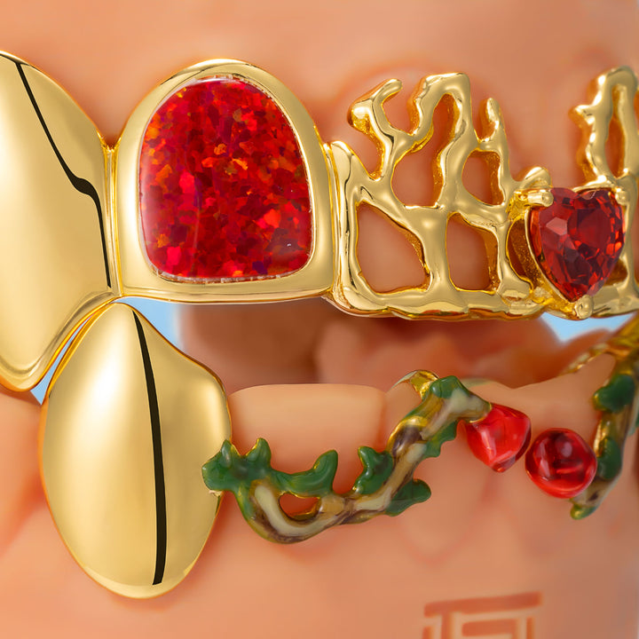 Heart Red Gem Opal Thorn Rose Fang Grillz