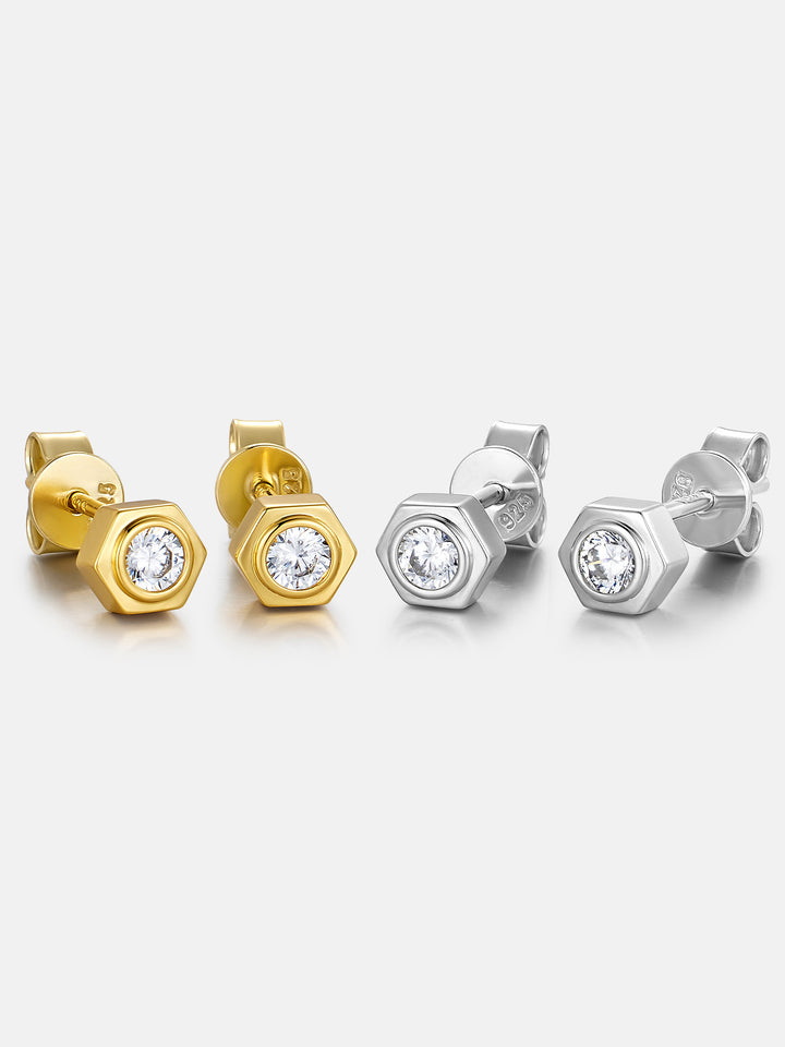 Hex Bezel White Moissanite Stud Earrings