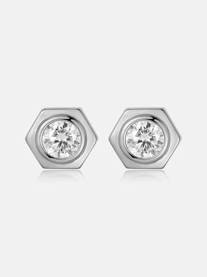 Hex Bezel White Moissanite Stud Earrings