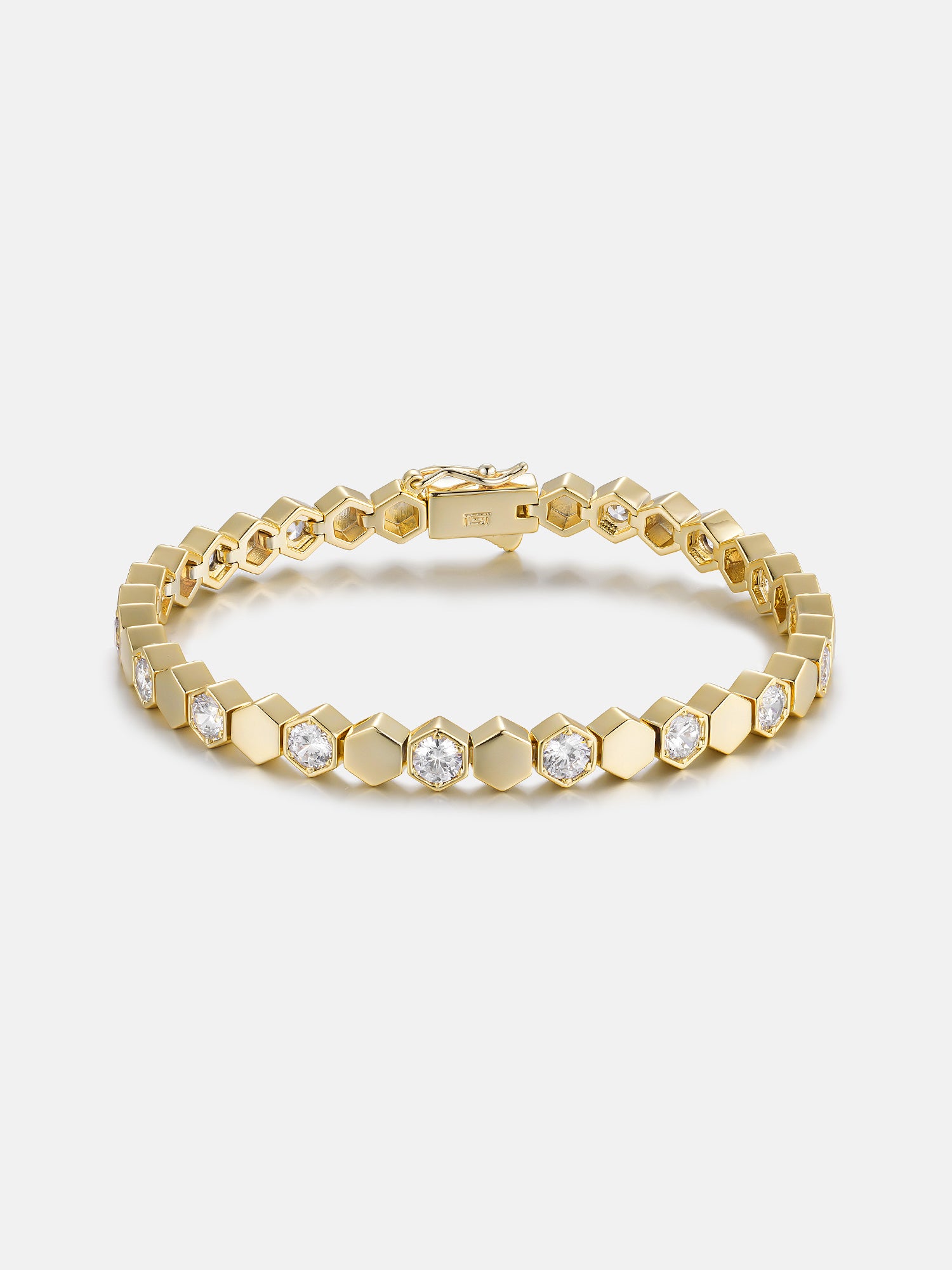 Hex Bezel White Moissanite Tennis Bracelet | Geometric Gold Luxury