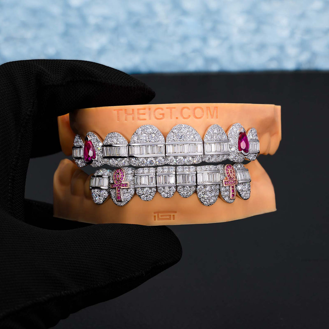 Hybrid Diamond Grillz w Cross & Pear Cut Fangs
