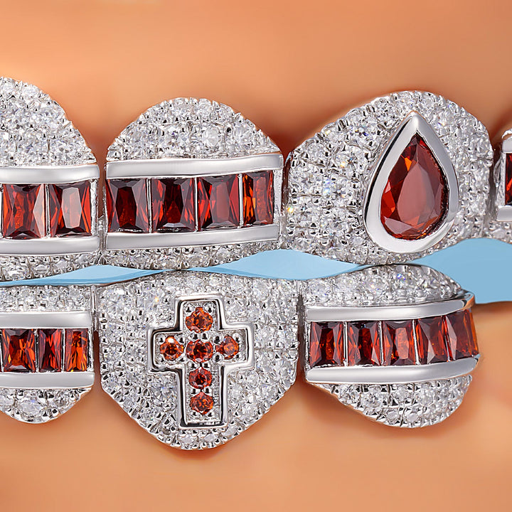 Hybrid Diamond Grillz w Cross & Pear Cut Fangs