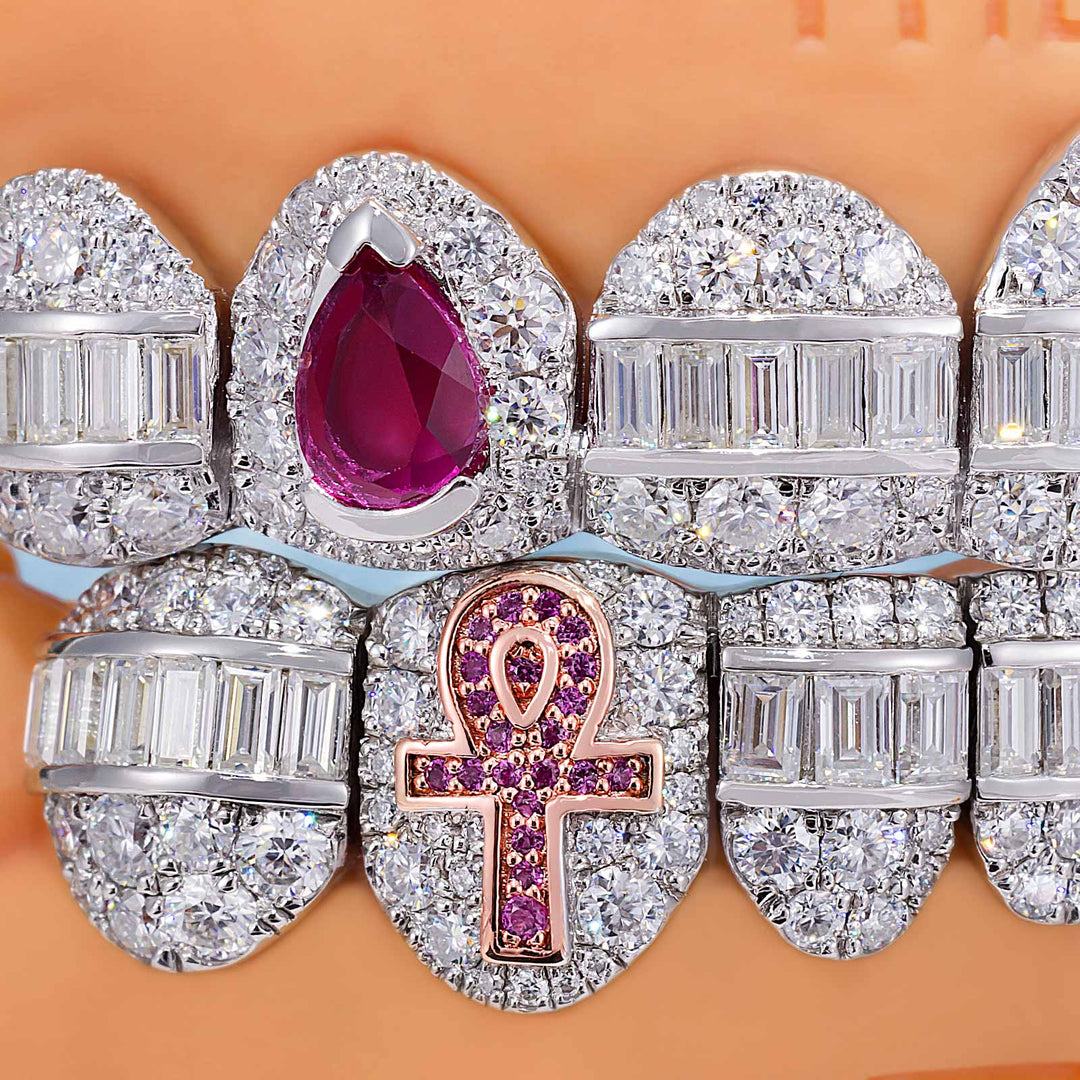 Hybrid Diamond Grillz w Cross & Pear Cut Fangs