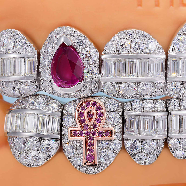 Hybrid Diamond Grillz w Cross & Pear Cut Fangs
