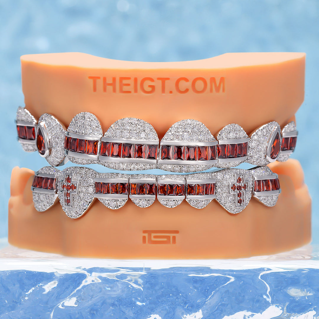 Hybrid Diamond Grillz w Cross & Pear Cut Fangs