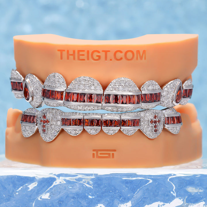 Hybrid Diamond Grillz w Cross & Pear Cut Fangs