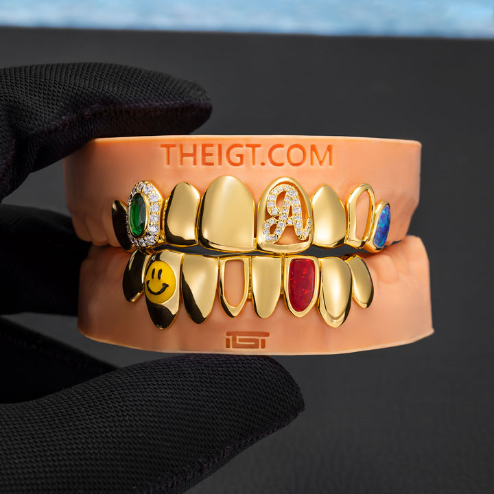 Iced-Out Letter A & Opal Grillz