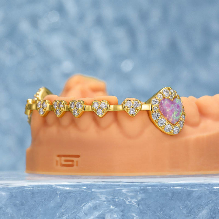 Iced Heart Brace Style & Opal On Fang Grillz