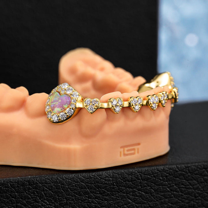 Iced Heart Brace Style & Opal On Fang Grillz