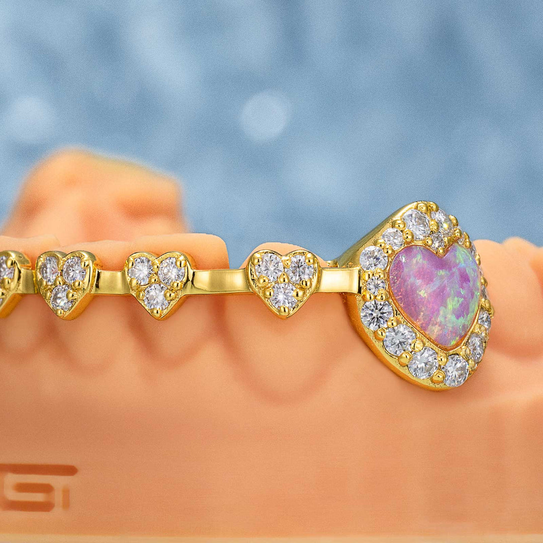 Iced Heart Brace Style & Opal On Fang Grillz