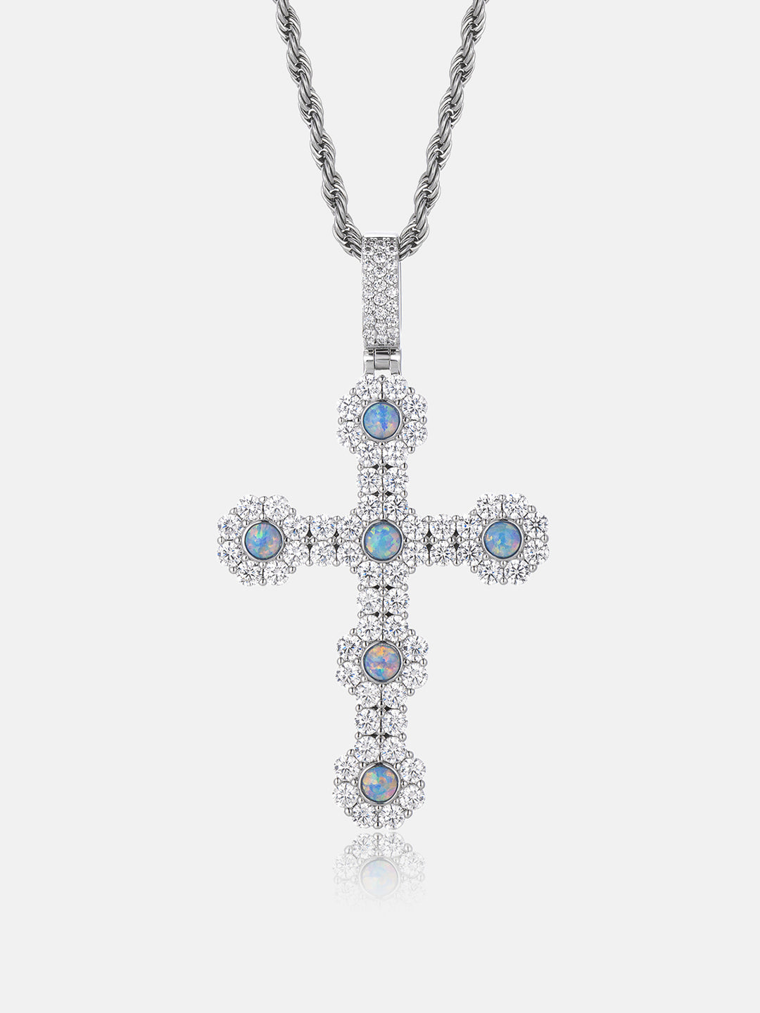 Iced Moissanite Halo Opal Cross Pendant