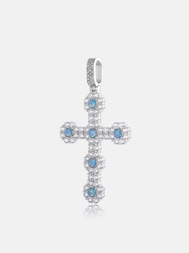 Iced Moissanite Halo Opal Cross Pendant