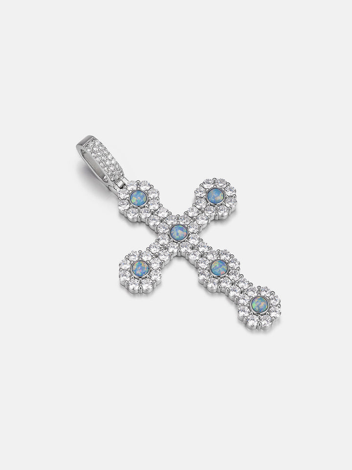 Iced Moissanite Halo Opal Cross Pendant