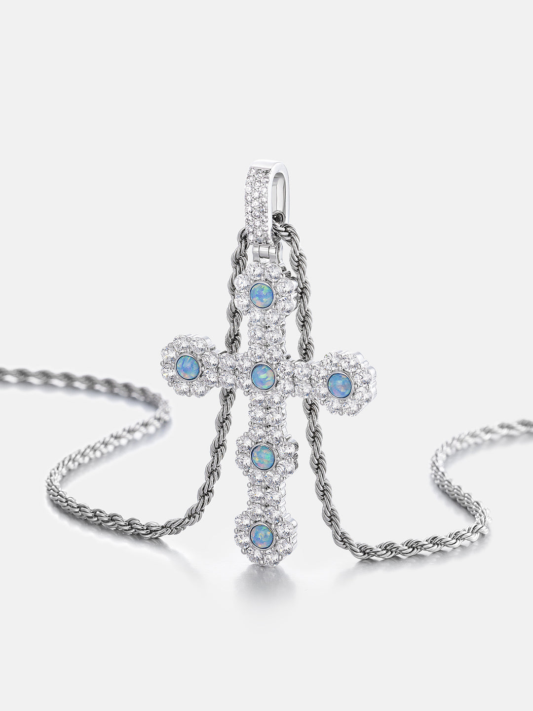 Iced Moissanite Halo Opal Cross Pendant