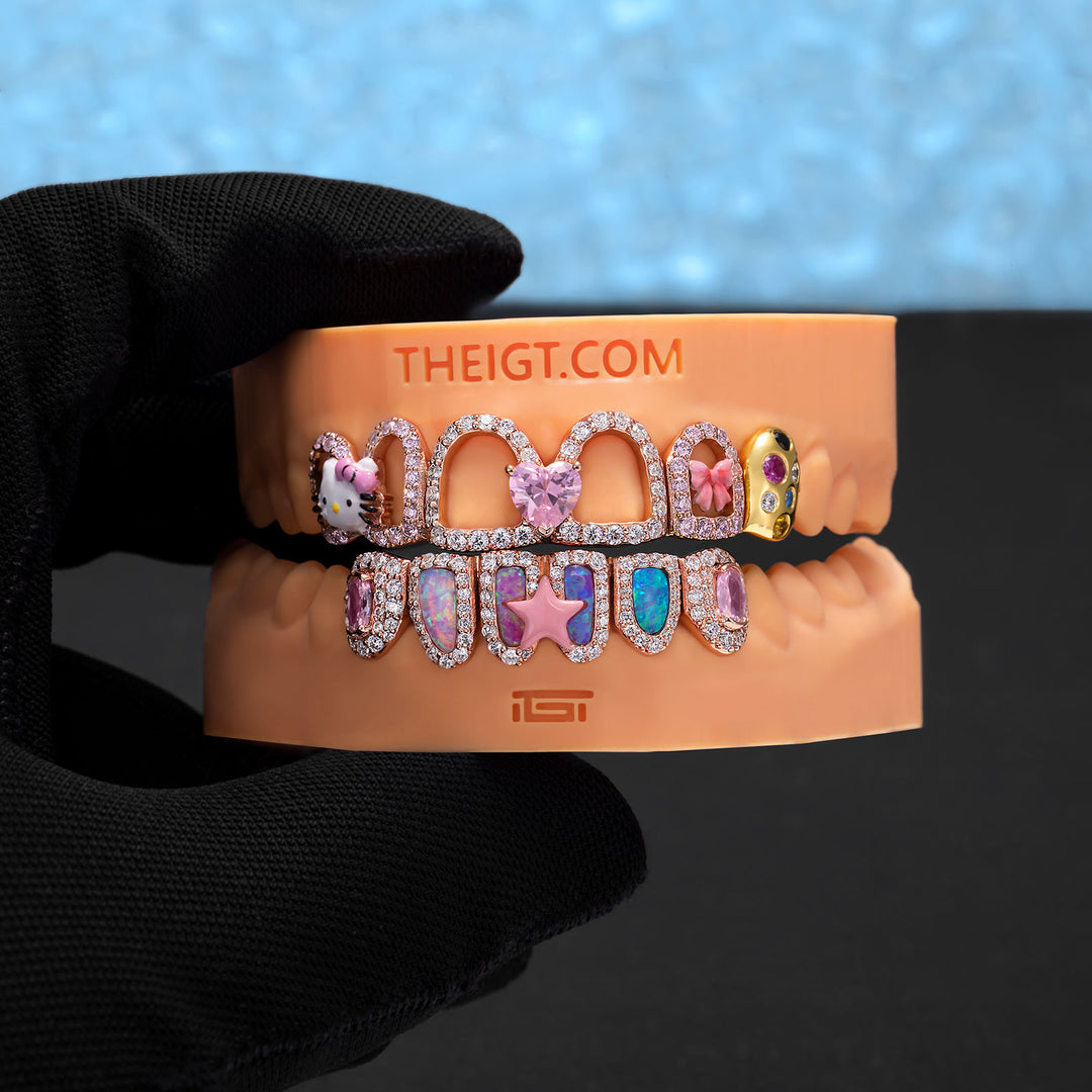 Kawaii Opal Pink Heart & Ribbon Grillz
