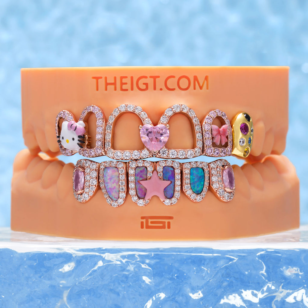 Kawaii Opal Pink Heart & Ribbon Grillz | ICEGIANT