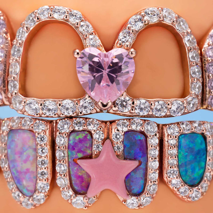 Kawaii Opal Pink Heart & Ribbon Grillz