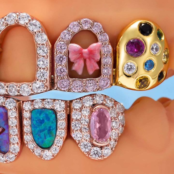Kawaii Opal Pink Heart & Ribbon Grillz
