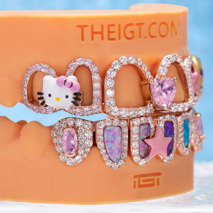 Kawaii Opal Pink Heart & Ribbon Grillz