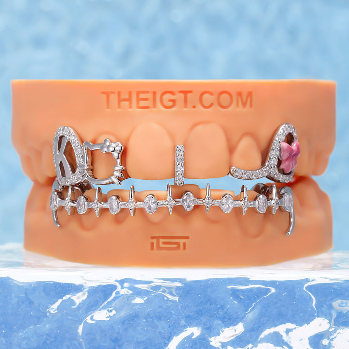 Kitty Bow Oval Starburst Bar Grillz